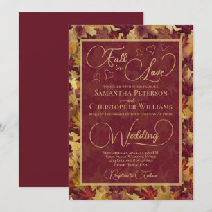 Fall in Love Burgundy & Gold Autumn Leaves Wedding Invitation