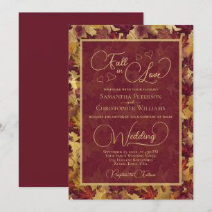 Fall in Love Burgundy & Gold Autumn Leaves Wedding Invitation
