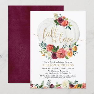Fall in love burgundy gold floral white pumpkins invitation