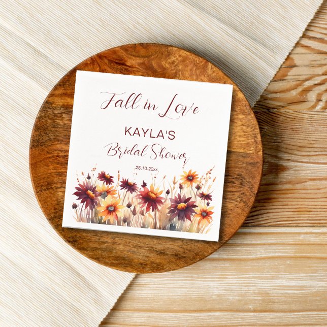 Fall in love burgundy orange dahlias bridal shower napkin (Fall in love bridal shower tableware personalized napkins autumn blooms burgundy dahlia sunflowers)