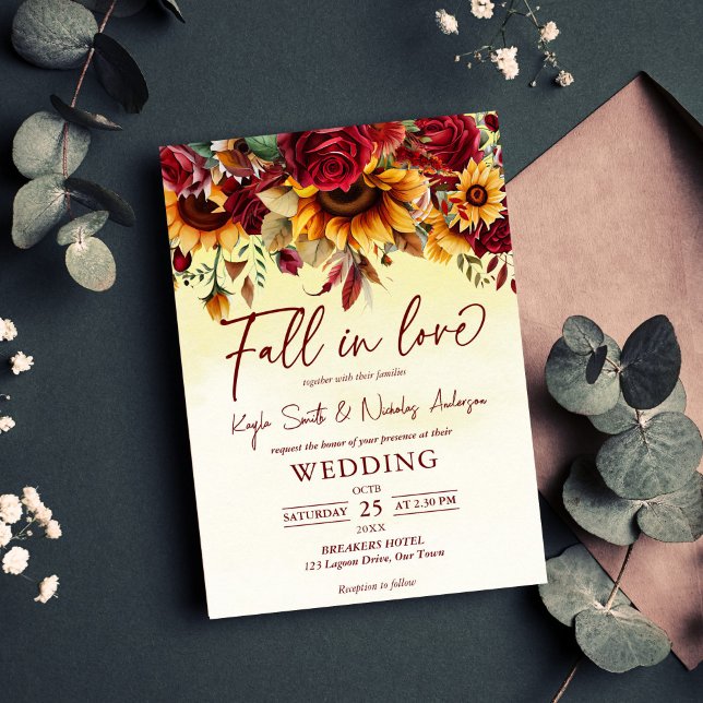 Fall in love burgundy roses sunflowers wedding invitation (Fall in love burgundy roses sunflowers wedding invitation editable template instant download)