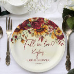 Fall in love burgundy sunflowers bridal shower paper plate<br><div class="desc">Fall in love Burgundy roses yellow sunflowers autumn foliage yellow ombre background floral bridal shower personalized paper plates</div>