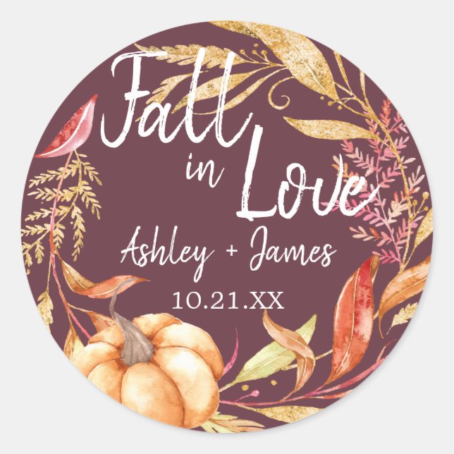 Fall in Love Burgundy Wedding Monogram Classic Round Sticker (Front)