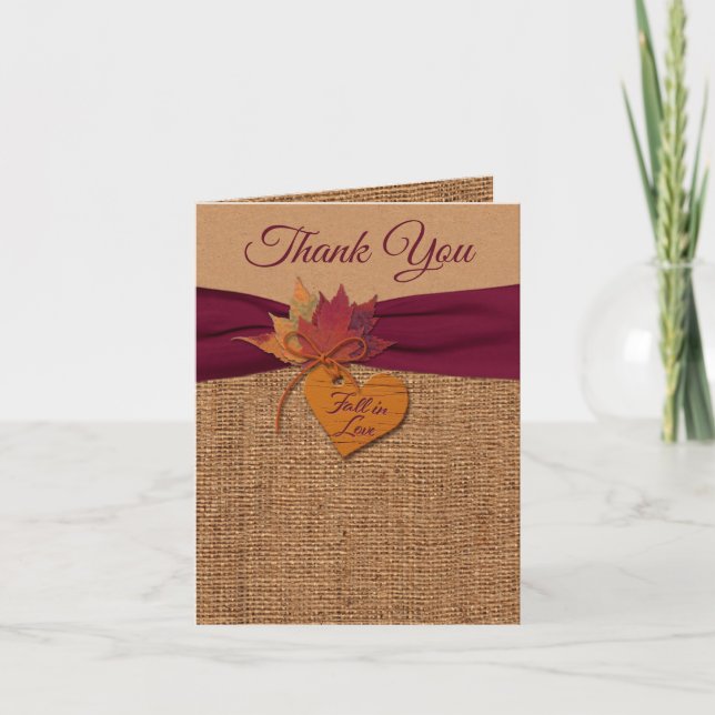 Fall in Love Burlap, Carte de remerciements Mariag (Devant)