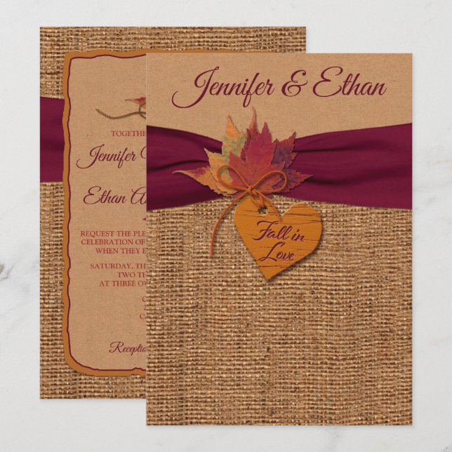 Fall in Love Burlap, Faire-part de mariage Feuille (Devant / Derrière)