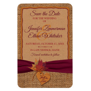 Fall in Love Burlap, Leaves Save the Date (Large) Magnet