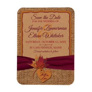 Fall in Love Burlap, Leaves Save the Date (small) Magnet