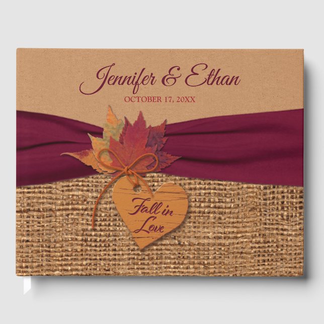 Fall in Love Burlap, Leaves Wedding Guest Book (Front)