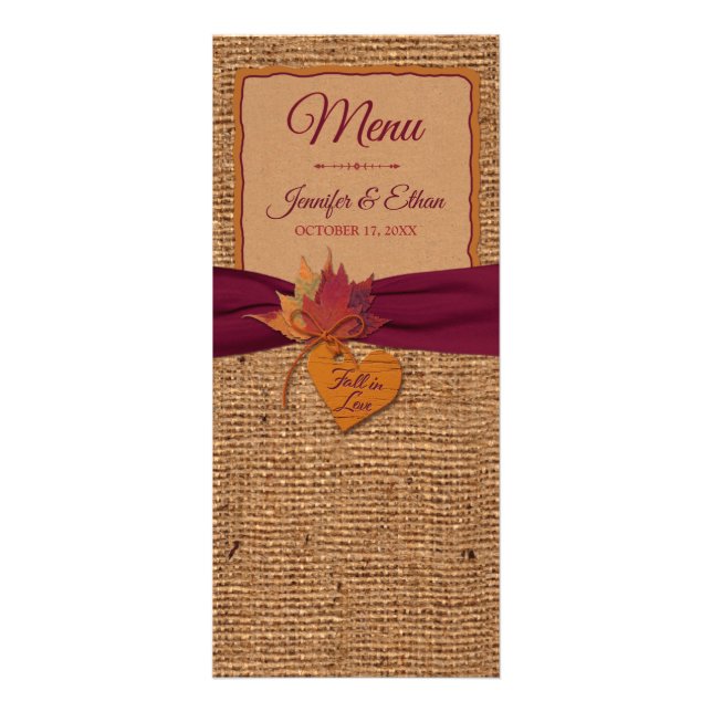 Fall in Love Burlap, Leaves Wedding Menu (Front)
