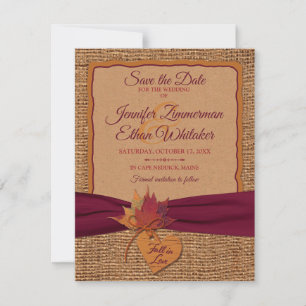 Fall in Love Burlap, Leaves Wedding Save the Date