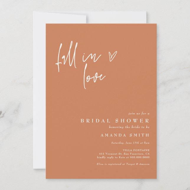 Fall In Love Burnt Orange Minimalist Bridal Shower Invitation (Front)