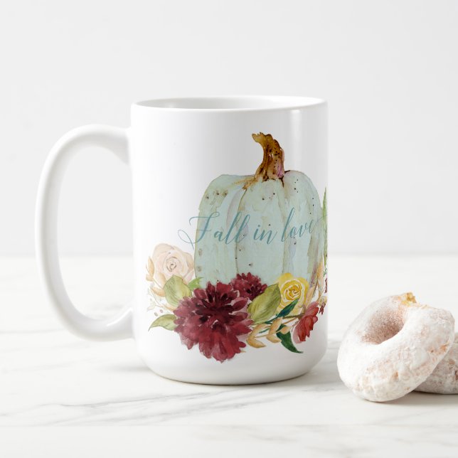 Fall in Love, Celebrate Autumn Floral Blue Pumpkin Coffee Mug (With Donut)