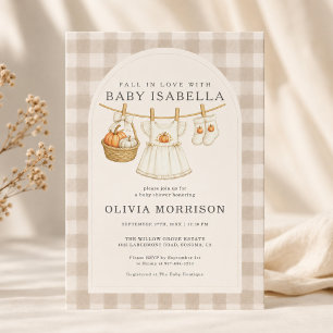 Fall in Love Clothesline Gingham Girl Baby Shower Invitation