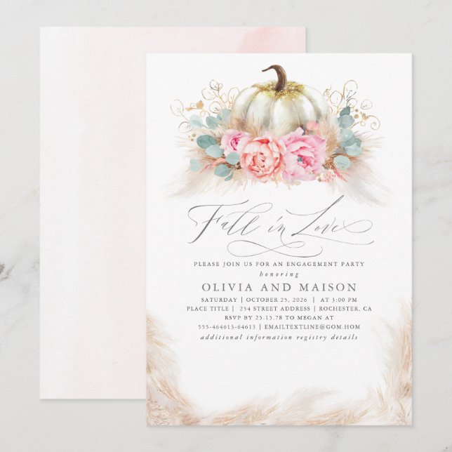 Fall in Love Engagement Party Pink Flowers Pumpkin Invitation (Front/Back)