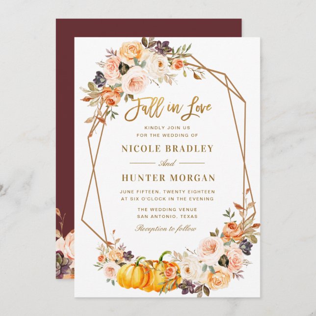 fall in love, floral geometric wedding invitation (Front/Back)
