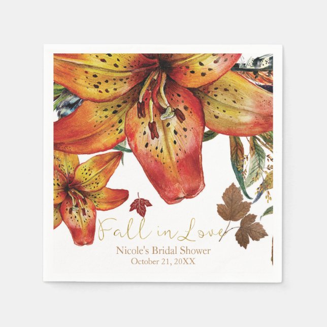 Fall In Love Floral Orange Lilies & Leaves Autumn Napkin (Front)