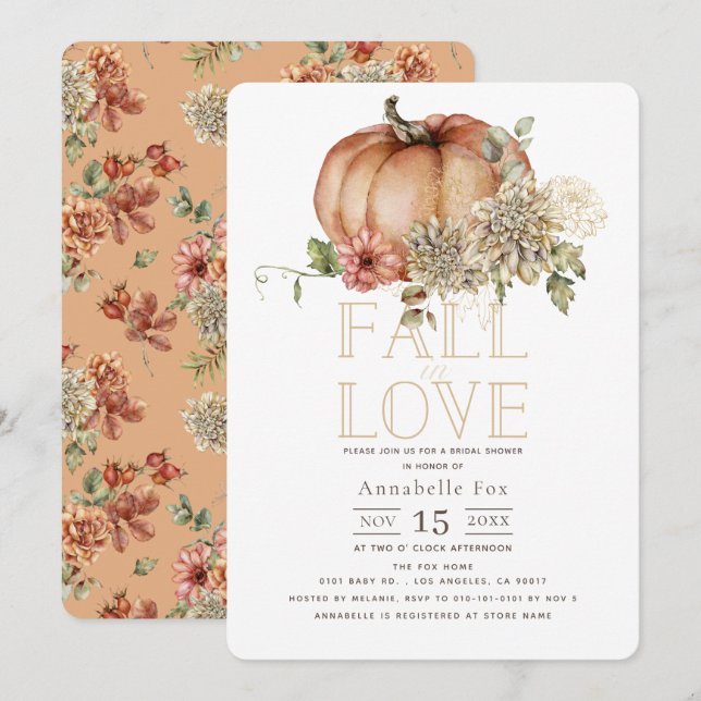 Fall in Love Floral Orange Pumpkin Bridal Shower Invitation (Front/Back)