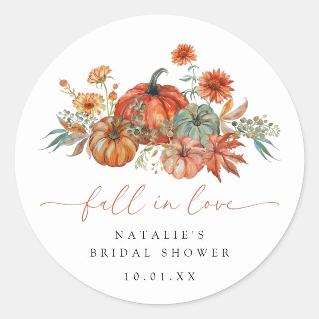 Fall in Love Floral Pumpkin Bridal Shower Classic Round Sticker (Front)
