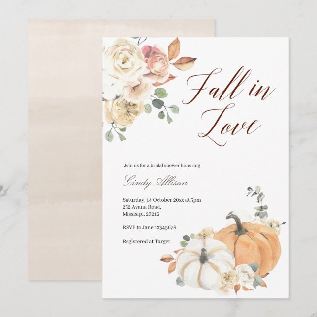 Fall in love floral pumpkin bridal shower invitati invitation (Front/Back)