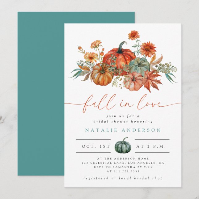 Fall in Love Floral Pumpkin Bridal Shower Invitation (Front/Back)