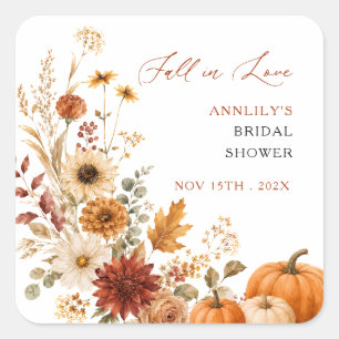 Fall in Love Floral Pumpkin Bridal Shower Square Sticker