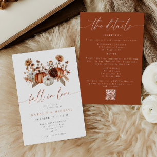 Fall in Love Floral Pumpkin QR Code Wedding Invitation