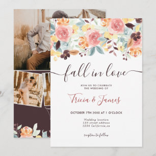 Fall in love floral rustic photo initials wedding invitation