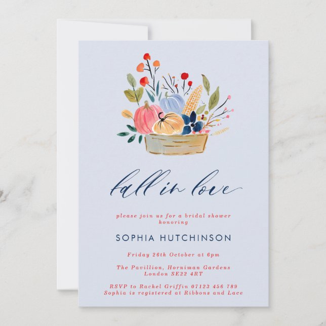  Fall in Love Flowers & Pumpkins Bridal Shower Invitation (Front)