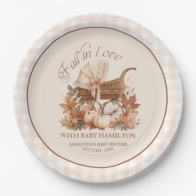 Fall In Love Gingham Baby Shower Paper Plate (Front)