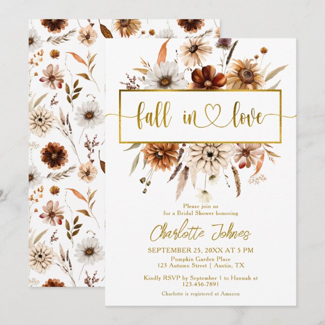 Fall In Love Gold Foil Neutral Boho Bridal Shower Invitation (Front/Back)