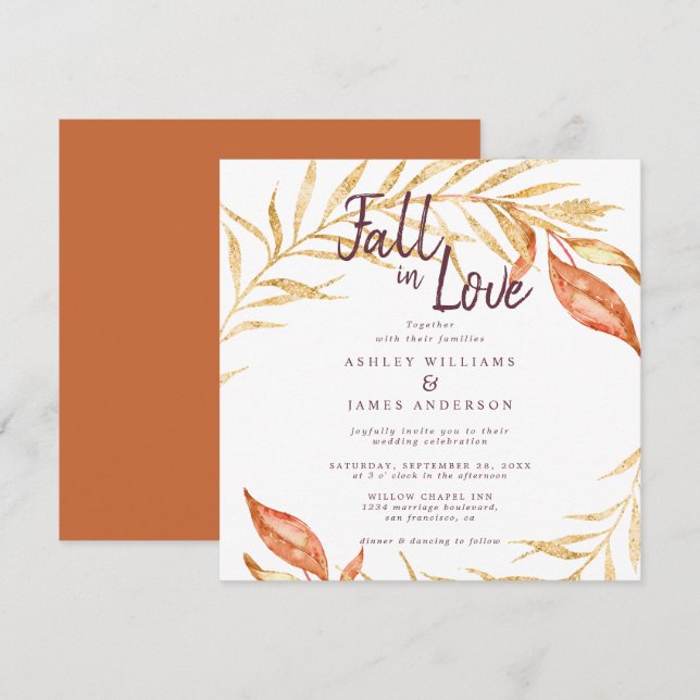 Fall in Love Golden Foliage Burnt Orange Wedding Invitation (Front/Back)