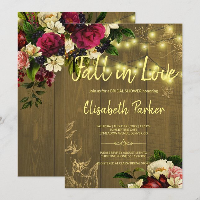 Fall in love golden lights floral bridal shower invitation (Front/Back)