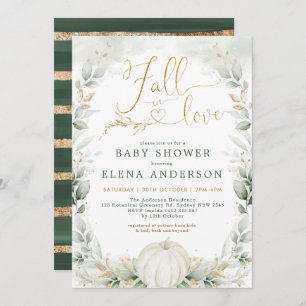 Fall in Love Greenery Gold Pumpkin Baby Shower Invitation