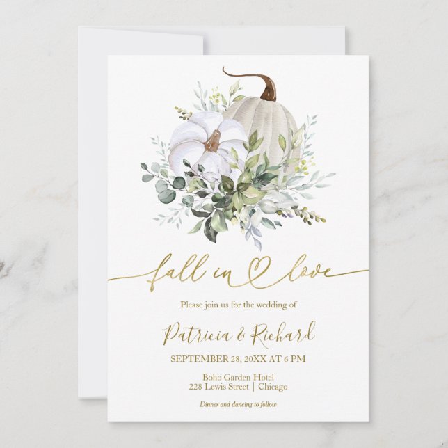 Fall In Love Greenery Pumpkin Fall Wedding  Invitation (Front)