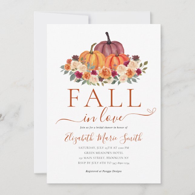 Fall in Love Heart Floral Pumpkin Bridal Shower Invitation (Front)