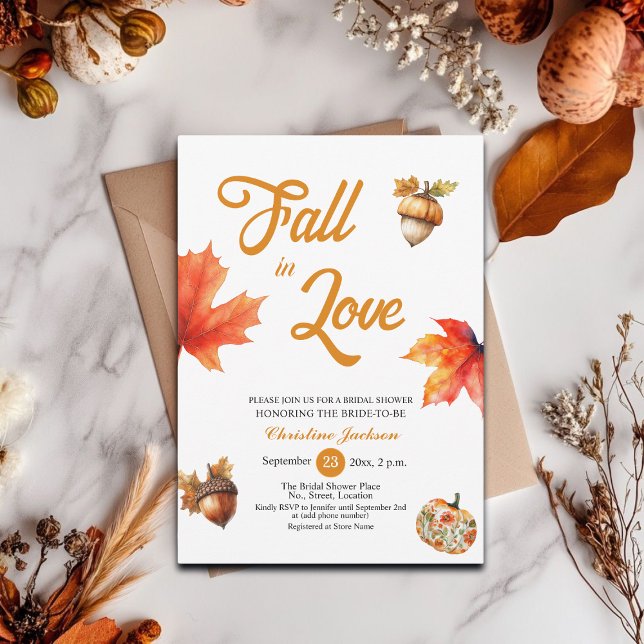Fall in Love Maple Leaves Acorns Bridal Shower  Invitation (Creator Uploaded)