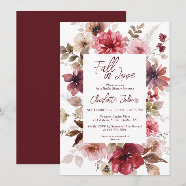 Fall in Love Maroon Blush Fall Boho Bridal Shower Invitation (Front/Back)