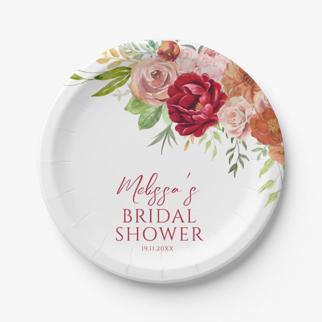 Fall in Love Marsala Flower Bridal Shower  Paper Plate (Front)