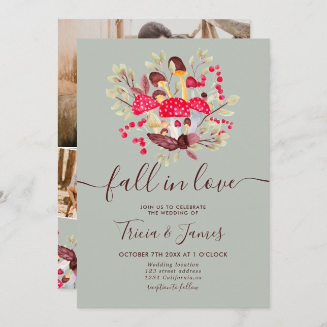 Fall in love mushrooms green rustic photo wedding invitation (Front/Back)