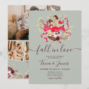 Fall in love mushrooms green rustic photo wedding invitation