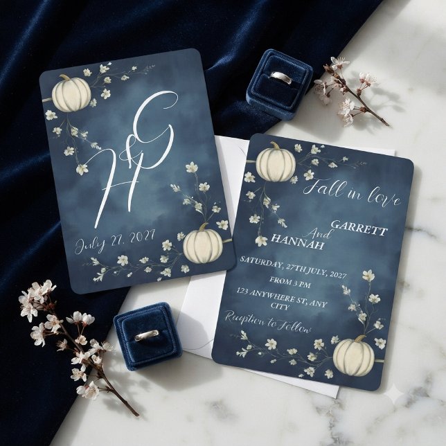 Fall in love Navy Blue Autumn Pumpkin Wedding Invitation (Creator Uploaded)