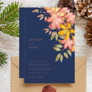 Fall in Love Navy Blue Fall Autumn Leaves Wedding Invitation