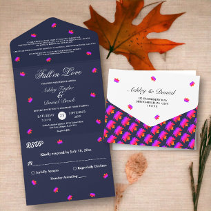 Fall in Love Navy Blue Rustic Chic Fall Wedding All In One Invitation