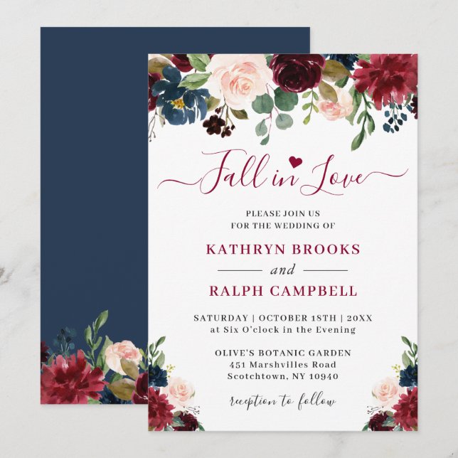 Fall in Love Navy Blue Wine Blush Floral Wedding Invitation (Front/Back)