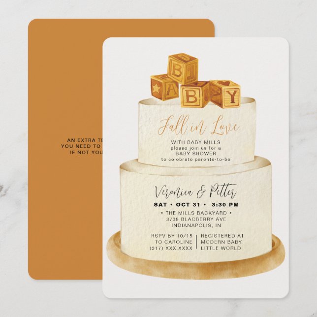 Fall in Love Neutral Autumn Cake Baby Shower Invitation (Front/Back)