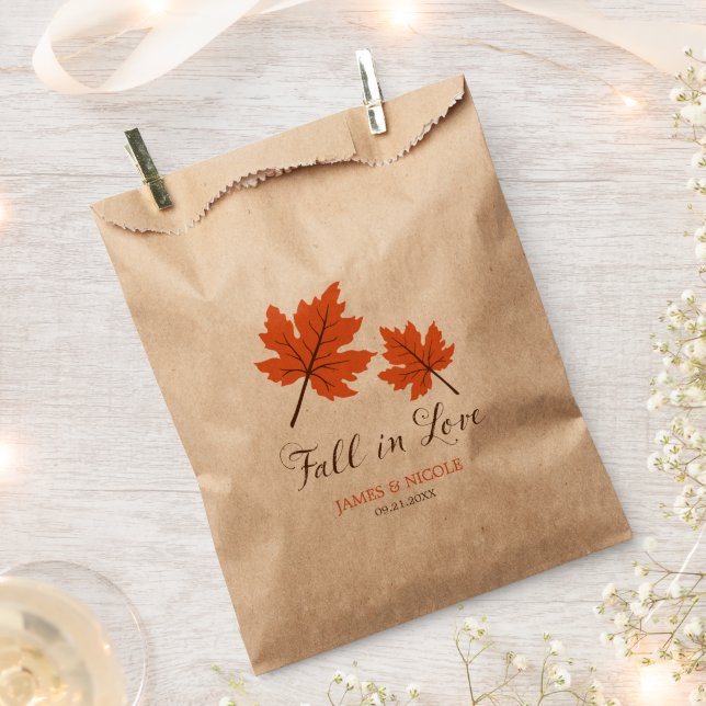 Fall in Love Orange Brown Leaves Wedding Favour Bag (Clipped)