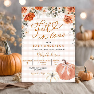 Fall In Love Orange Gingham Pumpkin Baby Shower Invitation