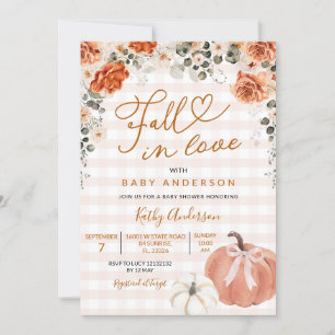 Fall In Love Orange Gingham Pumpkin Baby Shower Invitation