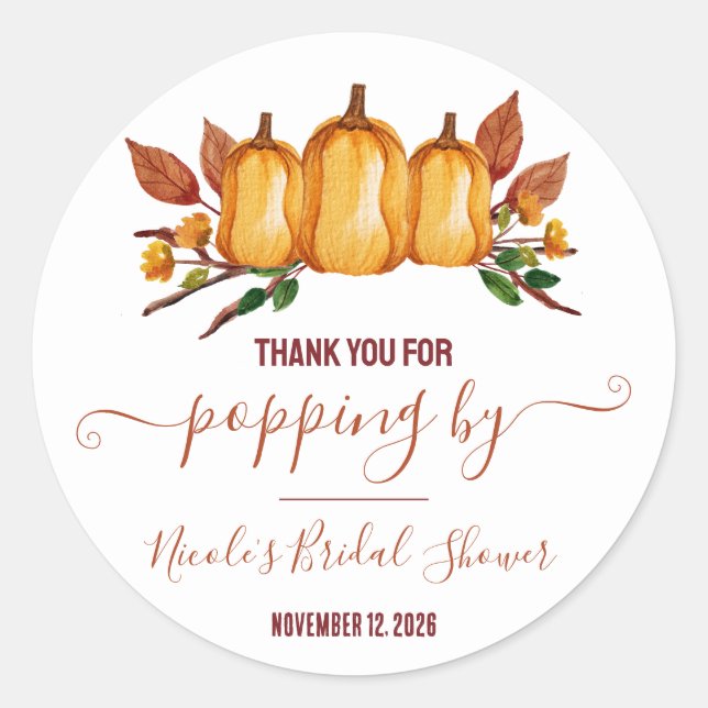 Fall in Love, Orange Pumpkin, Floral Thank You Classic Round Sticker (Front)