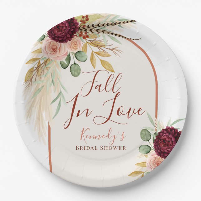 Fall in Love Pampas Floral Rust Arch Bridal Shower Paper Plate (Front)